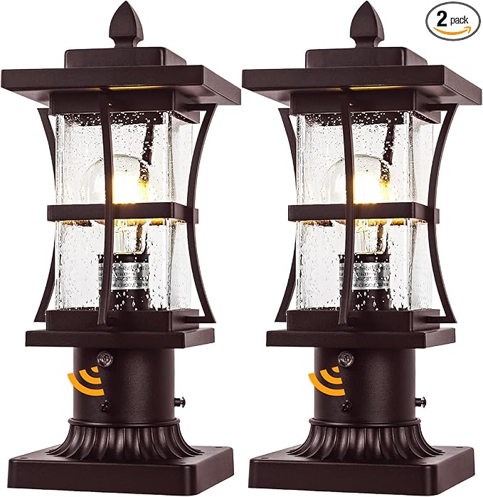 Dusk to Dawn Bronze Outdoor Post Light Fixtures with Pier Mount Base 2 Packs Outdoor Pole Lighting Waterproof Pillar Lantern Farmhouse Outside Column with Seeded Glass for Pathway Garden Patio