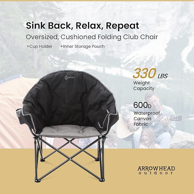 ARROWHEAD OUTDOOR Oversized Heavy-Duty Club Folding Camping Chair with Pocket Cup Holder Portable Padded Moon Round Saucer Supports 330lbs Carrying Bag