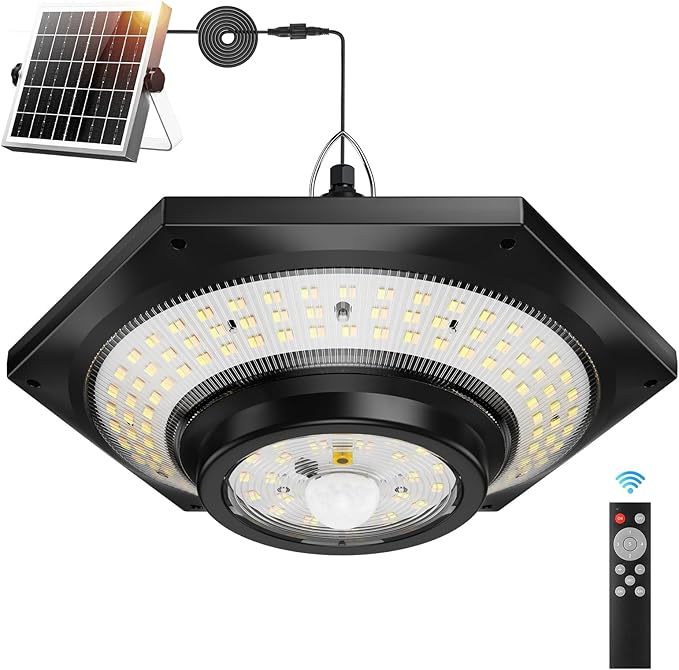 Solar Indoor Outdoor Shed Light with 4000LM Upgrade 228 LED Solar Pendant Light Daytime Available with Motion Sensors 3 Color Temperature Remote Control for GazeboShed Garage Barn