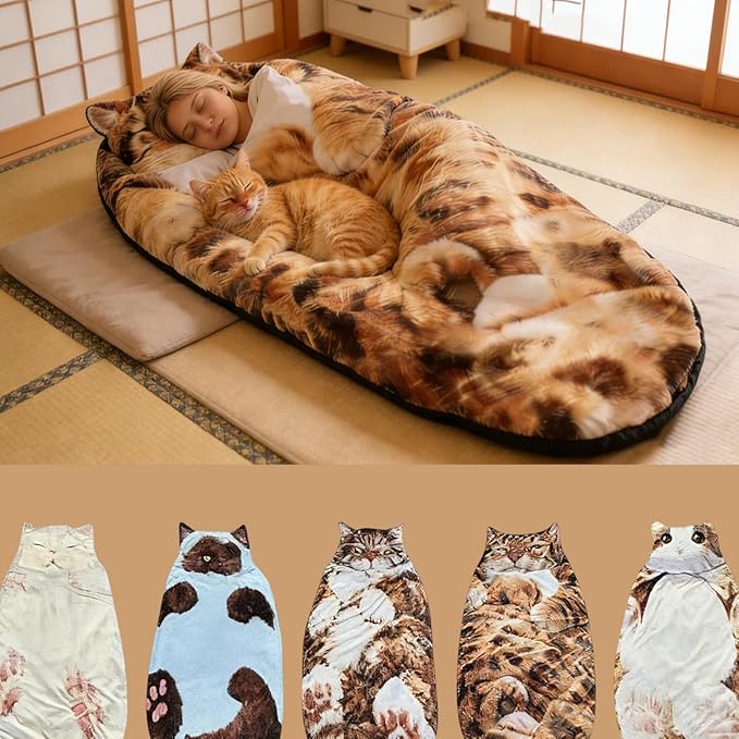 Cat Sleeping Bag for Human Fluffy Cat Sleeping Bag for Adults 3D Full Wrap Warm and Comfortable Machine Washable Adorable Cats Envelope Sleeping Bed for Indoor Travel Camping Beach