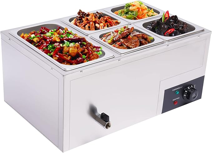110V 5-Pan Commercial Food Warmer 600W Electric Steam Table 15cm/6inch Deep Professional Stainless Steel Buffet Bain Marie with Temperature Control for Catering and Restaurants (5-Pan)
