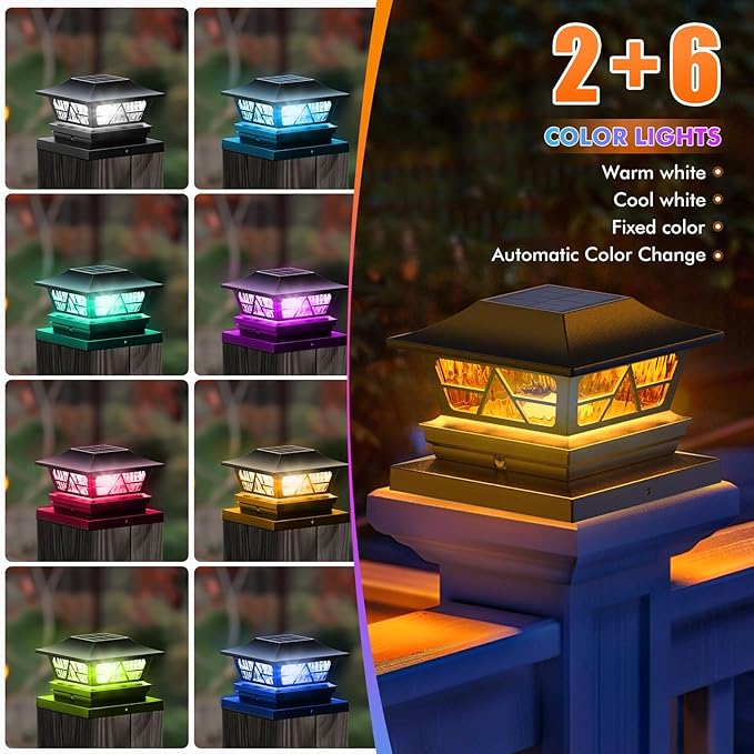 Viewsun Solar Post Lights Outdoor Waterproof RGB Color Changing Modes Fence Post Cap Lights Deck Post Lights Solar Powered for 4x4 5x5 6x6 Wooden or Vinyl Yard Garden Patio Decor Black(8 Pack)