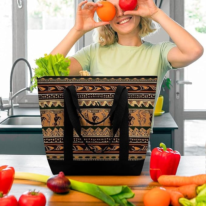 Insulated Shopping BagLarge Reusable Cooler Bags Bohemia Style Traditional African Pattern Printed Foldable Shopping BagTravel Waterproof Shoulder Bag
