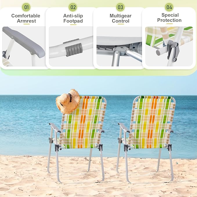 Bonnlo Foldable Patio Chair Set of 2 Heavy-Duty Steel Frame Supports 265 lbs/120 kg Ultra-Lightweight Portable for Travel Poolside Camping Beach (Green and Yellow Crisscross Weave)