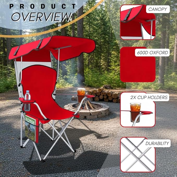 Portable Folding Camping Chairs with Canopy Shade Beach Chair for Adults Durable Weather Resistant 600D Oxford Cloth Camping Chair with Canopy for Outdoors [Red]
