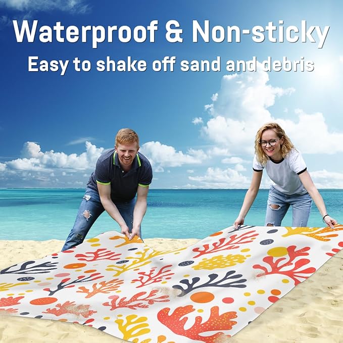 Waterproof Sandproof Beach Blanket 59''×68'' Ocean Seaweed Polyester Outdoor Picnic Blanket with 4 Stakes &amp Storage Bag for BeachCampingVacation White
