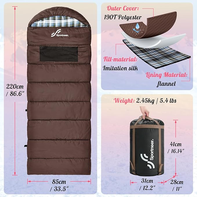 Sportneer Heated Sleeping Bag with 5 Heating Zones Warm Flannel Cold Weather Sleeping Bag for Adults 3 Heat Levels USB Powered (Power Bank Not Included) Winter Camping &amp Outdoor Hiking