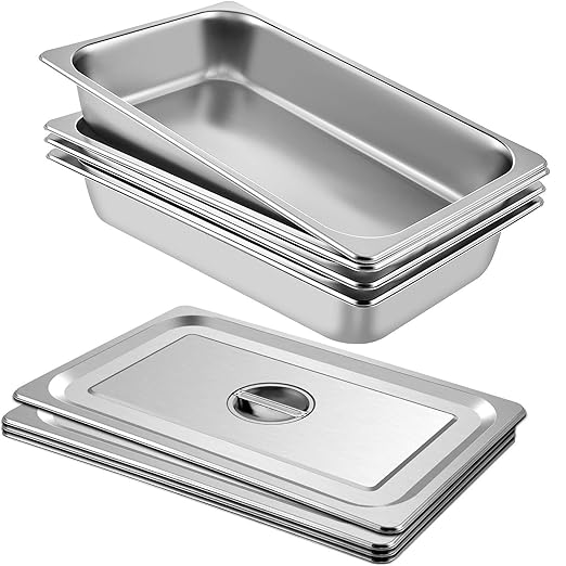 VEVOR 4 Pack Stainless Steel Hotel PansFull Size 4 Inch Deep 0.8mm Thick Anti Jam Commercial Food Pans with lidCatering Food Storage Metal Pan for Steam Tables Restaurants20.8 x 13 x 4 inch.