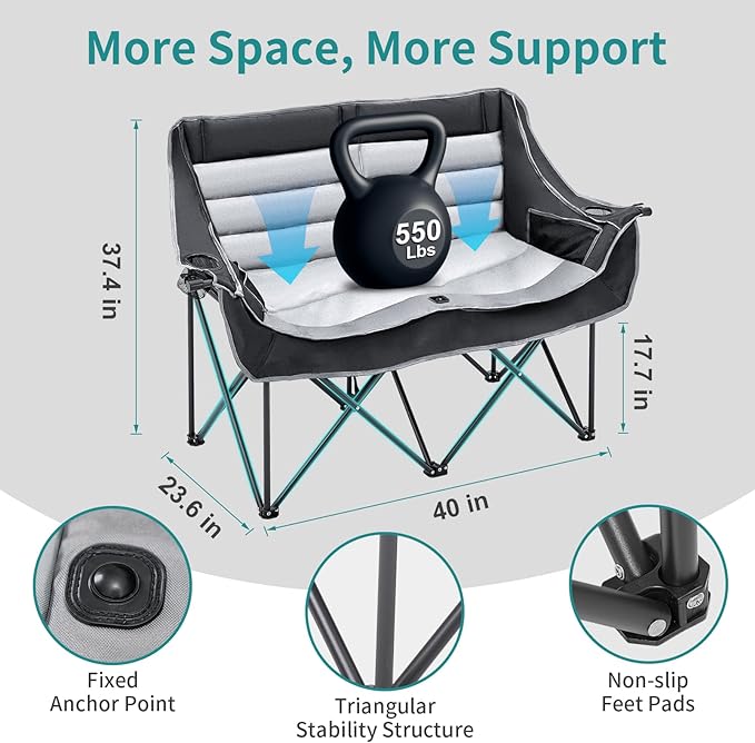 Slsy Oversized Double Camping Chair Folding 2 Person Camping Chair Loveseat Fully Padded Duo Chair Camping Couch Fold Up Double Camp Chair Lawn Chairs Camping Bench with Carrying Bag