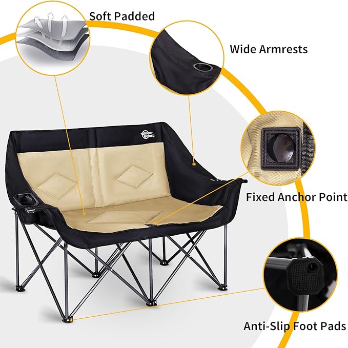 Double Camping Chair Loveseat Camping Chair Double Folding Chair Camp Chairs for Adults Heavy Duty Two Person Camp Chair Padded Camping Couch 2 Person Lawn Chairs - Support 650 lbs - Khaki