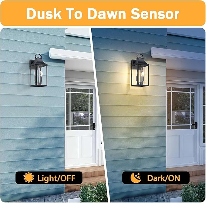 15 Dusk to Dawn Black Outdoor Wall Lantern 2-Light Outside Modern Wall Sconce Light Fixture Industrial Porch Light with E12 Sockets Waterproof Exterior Lamp Lighting Black