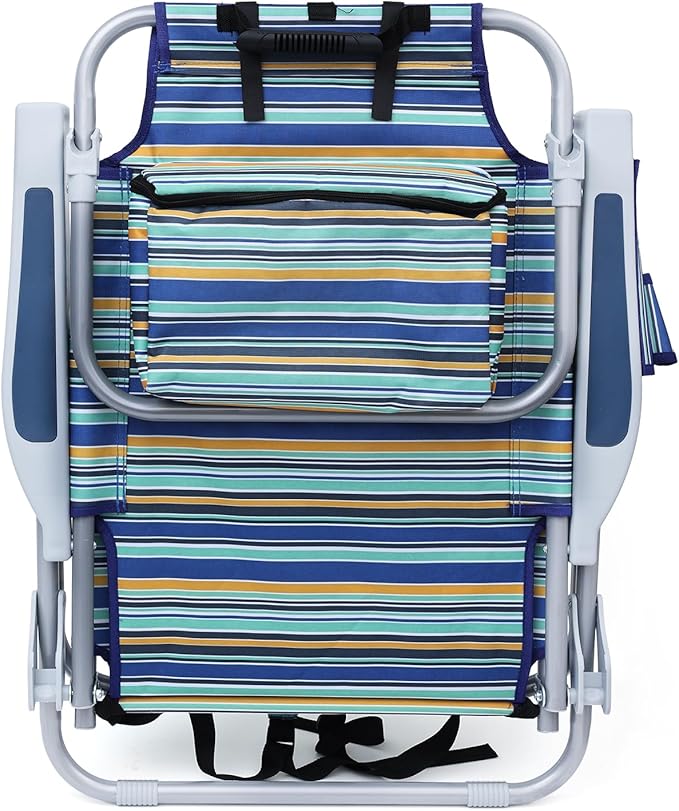 Backpack Beach Chair for Adults Folding Beach Chair with 4 Positions Heavy Duty Chair with Large Cooler Pouch Support to 350LBS (Stripes_Blue&ampCyan&ampYellow)