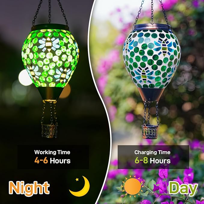 Bee Solar Hot Air Balloon Lantern Outdoor Waterproof Green Mosaic Glass Hanging Solar Lantern Lights Outdoor Hanging Lights for Patio Yard Garden Gift for Mom Grandma Women