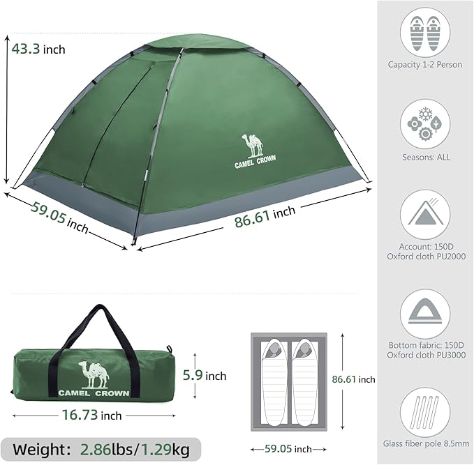 CAMEL CROWN 2/3/4 Person Camping Tent with Removable Rain Fly Easy Setup Outdoor Tents Water Resistant Lightweight Portable for Family Backpacking Camping Hiking Traveling