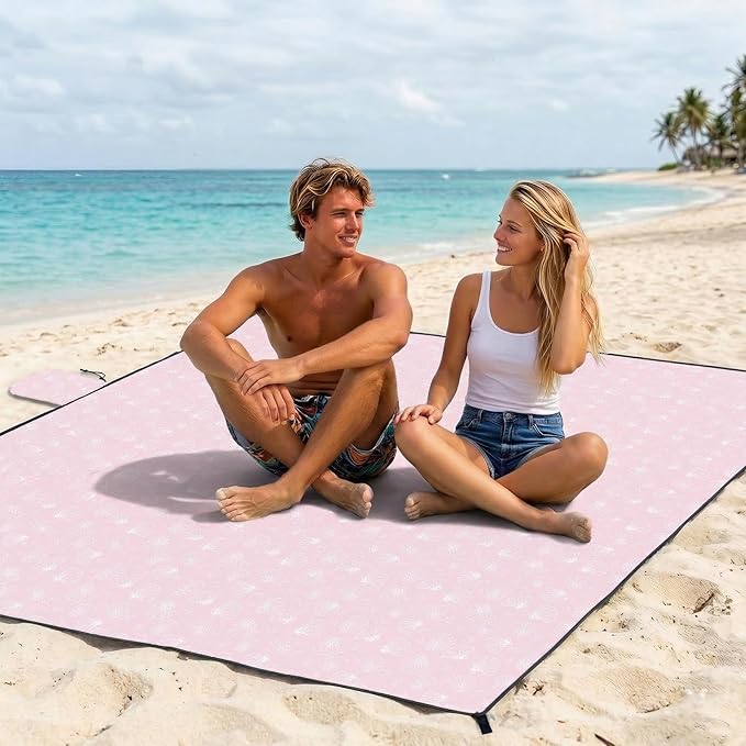 OIGAE Family Beach Blanket 7×8 ft Sand-Free Picnic Mat for 1–4 People Quick-Dry Lightweight Outdoor Blanket with Stakes &amp Corner Pockets Shell Pink