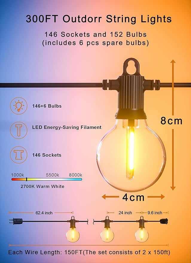 Outdoor String Lights Waterproof 300FT Patio Lights with 146 Shatterproof G40 Globe Bulbs(6 Spare) Connectable Dimmable LED Hanging String Lights for Outside Backyard Porch Balcony (150FT x 2)