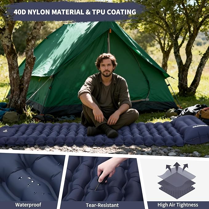 Camping Sleeping Pad Connectable Design for Double Mat Ultralight Inflatable Sleeping Mat with Pillow Built-in Foot Pump Portable Camping Air Mattress for Backpacking Hiking Tent (Navy)