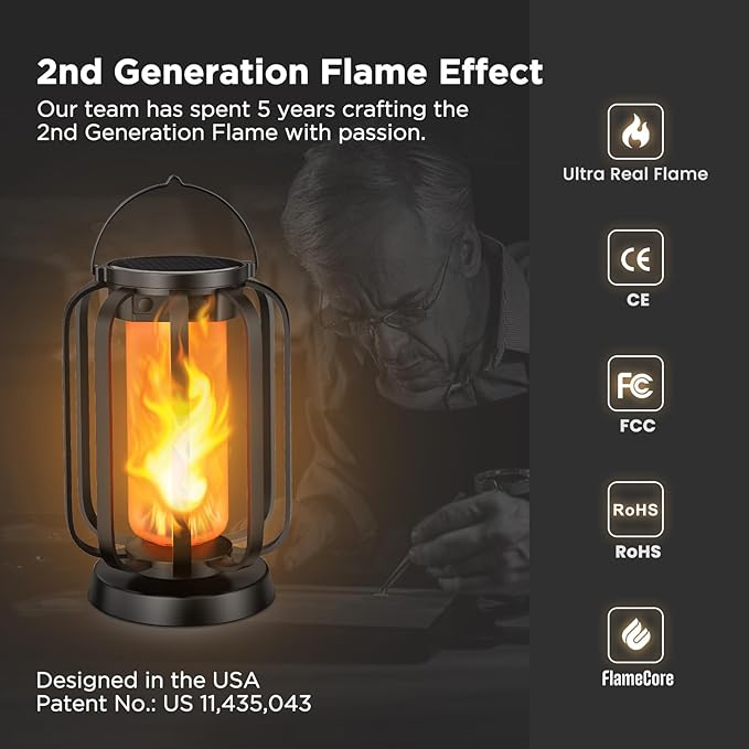 Hompavo Gen2 Solar Lanterns Outdoor Lights with Ultra-Real Flame 2 Charging (USB/Solar) &amp 2 Modes - Waterproof Decorative Hanging/Table Lights for Pathway Yard Patio Garden Decor Gifts for Women