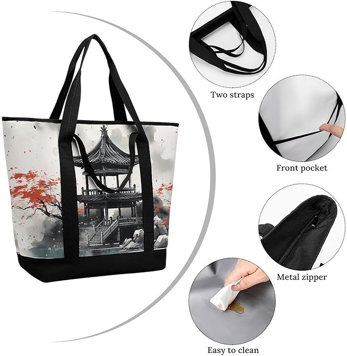 Insulated Shopping BagLarge Reusable Cooler Bags Chinese Ink Painting Printed Foldable Shopping BagTravel Waterproof Shoulder Bag
