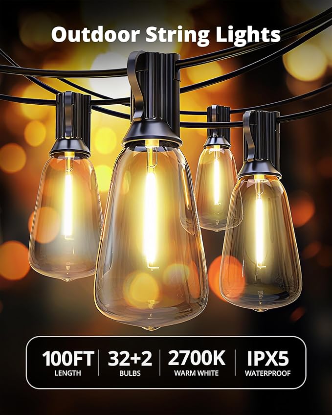 VIPAR LED Outdoor String Lights 100FT Patio Lights with 32 Edison Shatterproof Bulbs IPX5 Waterproof Outside Hanging Light Connectable for Backyard Porch Balcony Garden Deck Decor E12 Base Black