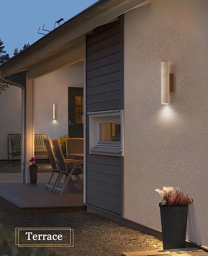 Outdoor Waterproof Wall Sconce 11 H Long Linear Natural Yellow Travertine Wall Lamp with Natural Stone Lampshade Wooden Base MCM Wall Sconce for House Patio Garage Entryway (Water Resistant)