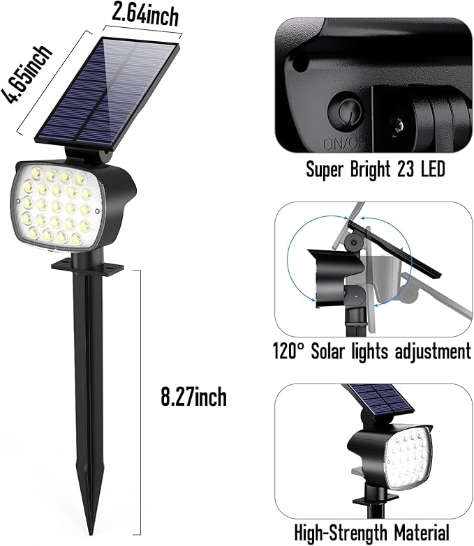 hyrion Solar Spotlight Outdoor Waterproof Ip65 23 LED 3 Lighting Mode 2-in-1 Solar Powred Yard Spot Lights for Garden Tree Law Pathway 8 Pack Cool White