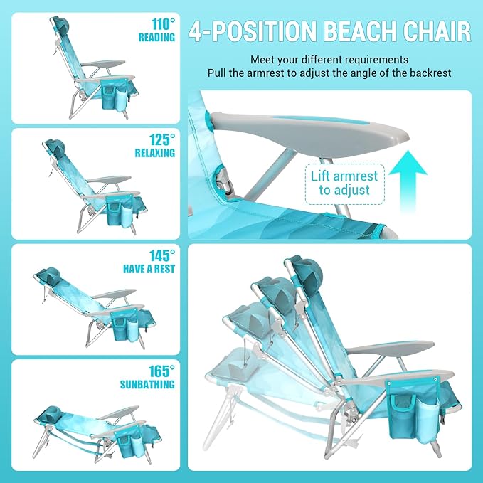 #WEJOY Beach Chair for Adults Reclining Adjustable Position Lay Flat Lightweight Folding Portable Aluminum Chair with Backpack StrapsPadded headrest Heavy Duty 400 lbs Lawn Chair for Beach Sand