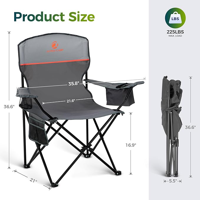 ALPHA CAMP Folding Camping Chairs for Adults Lawn Chairs Outdoor Chairs Support 250 LBS Portable Camp Chairs with Cup Holders Cooler Pouch for Outdoor 2 Pack