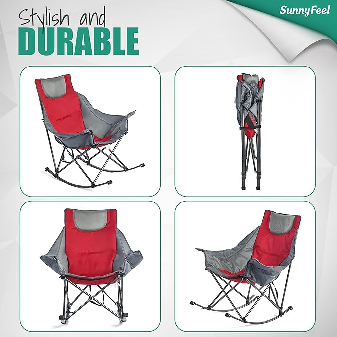SUNNYFEEL Oversized Rocking Camping Chair 2 Pack Fully Padded Patio Chair with Side Pocket High Back Portable Lawn Recliner with Carry Bag Outdoor Rocker Camp Chairs for Adults Heavy Duty 500 LBS