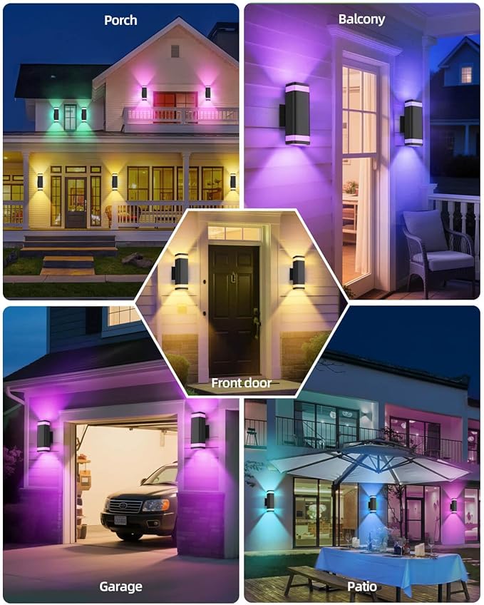 Smart Outdoor RGB Wall Lights 2 Pack Wi-Fi &amp App Control Color Changing Up and Down Wall Sconce with Remote Dusk to Dawn Waterproof Exterior Lighting Fixtures Works with Alexa Google Assistant
