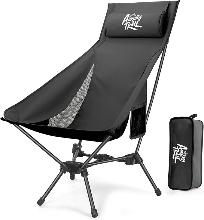 AuroraTrail High Back Folding Camping Chair with Pillow – Lightweight Portable Outdoor Chair with Cup Holder &amp Carry Bag Sturdy Aluminum Frame Supports up to 374 lb for Camping Hiking &amp Fest