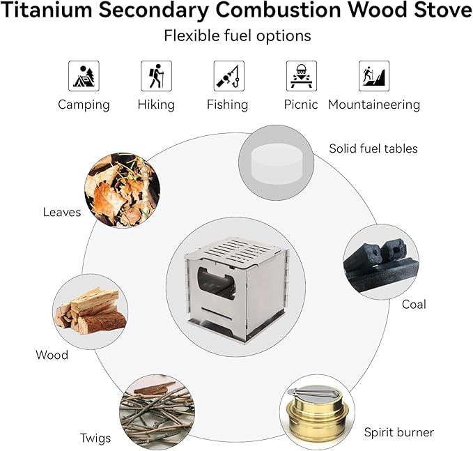 COOK'N'ESCAPE Portable Wood Burning Stove Foldable Stainless Steel Camp Burner with Titanium Grill Plate and Ash Tray Secondary Combustion Survival Gear for Hiking Outdoor Tent Camping Picnic BBQ