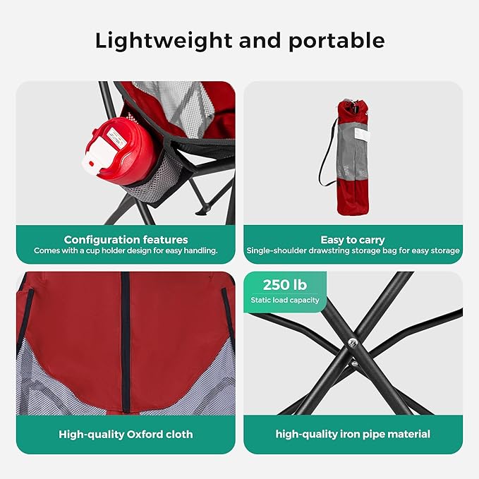 SUNNYFEEL High Red Camping Chair for Adults Lightweight Camping Chair Support 250 lbs Heavy Duty Compact Folding Chair Design Portable &amp Collapsible Camping Chairs for Outdoor Camp Beach Pic