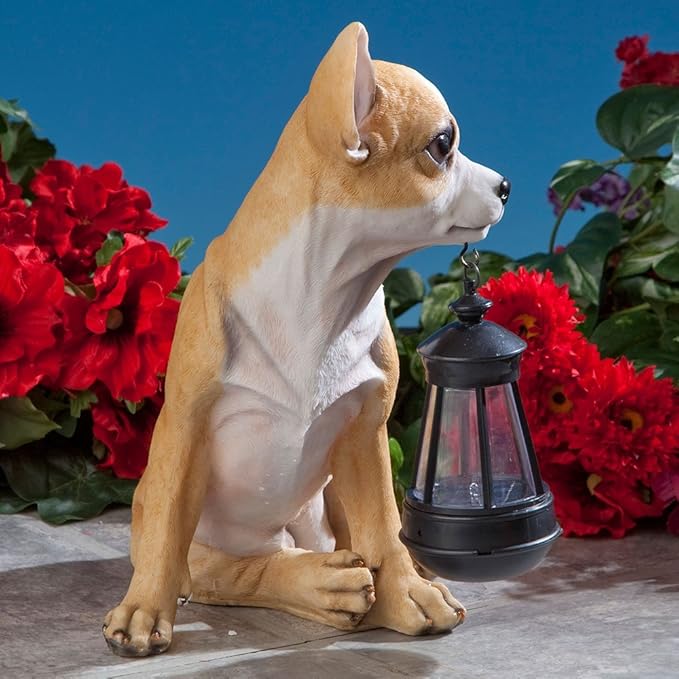 Bits and Pieces - Dog Solar Lantern Statue - Solar Powered Garden Lantern - Resin Dog Sculpture with LED Light - Outdoor Lighting and Décor (Chihuahua)