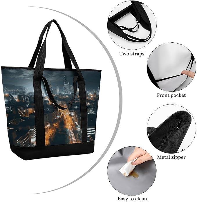 Insulated Shopping BagLarge Reusable Cooler Bags City Night View Printed Foldable Shopping BagTravel Waterproof Shoulder Bag