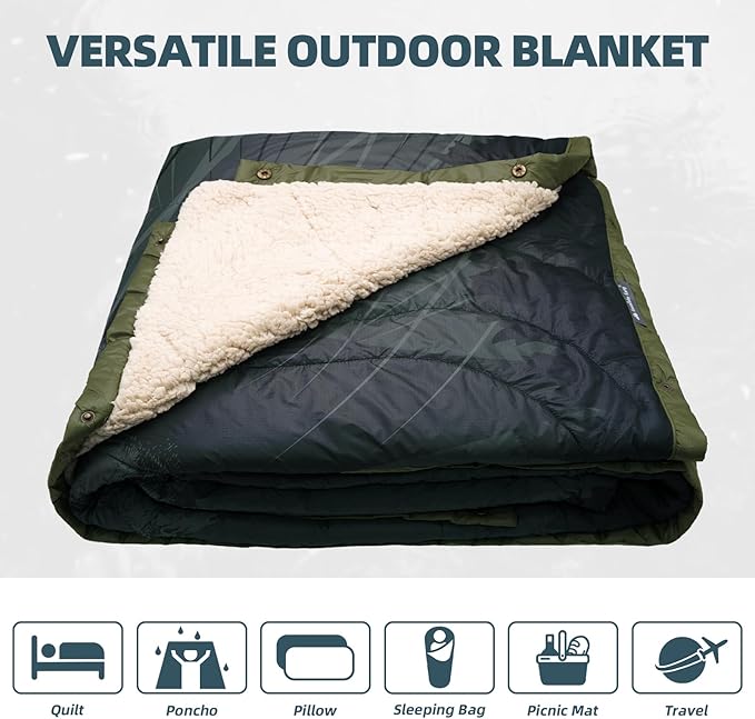 Outdoor Camping Blanket with Sherpa Lining Extra Warm Thick Camp Blankets and Puffy Ultralight Soft Poncho DWR Camping Quilt for Cold Weather Adventure Sleeping Backpacking 78x 56