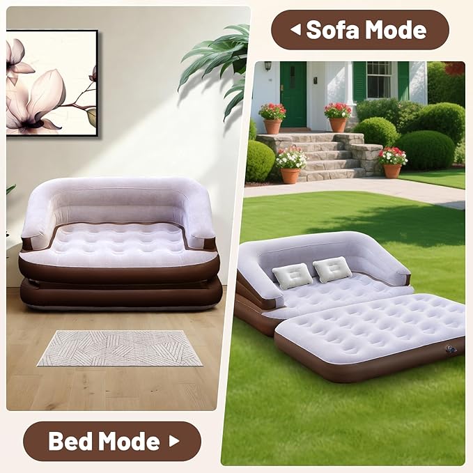 Full Size Inflatable Sofa Bed with Air Pump2-in-1 Blow-Up Couch and Folding Air Mattress Bed for HomeCampingand Guests