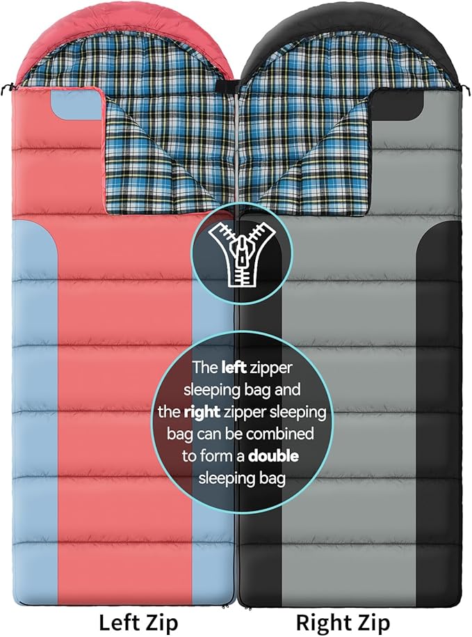 Cotton Flannel Lined Sleeping Bag for Adults Teens Kids Cold Weather &ampWarm 3 Seasons Lightweight Compact Camping Essentials Equipment Hiking Outdoor Travel