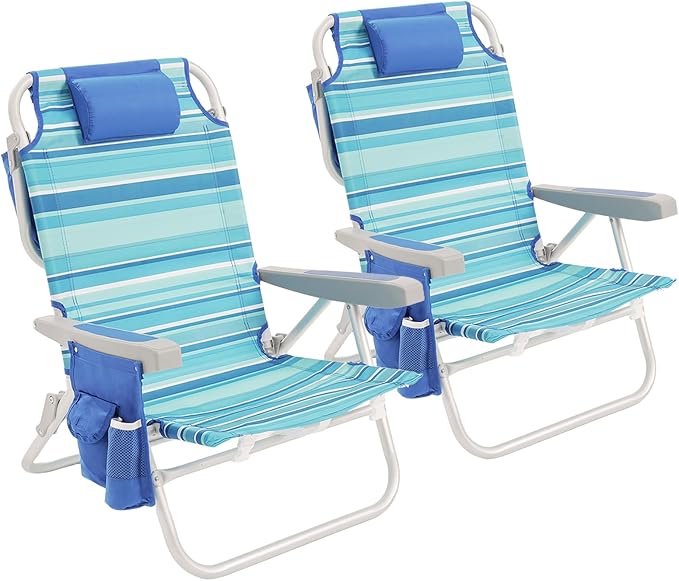 SUNNYFEEL Beach Chairs for Adults 2 Pack 5 Position Lay Flat Portable Folding Backpack Beach Chair Heavy Duty with Cooler Bag Cup Holder for Outdoor/Lawn/Picnic Foldable Camping Chair