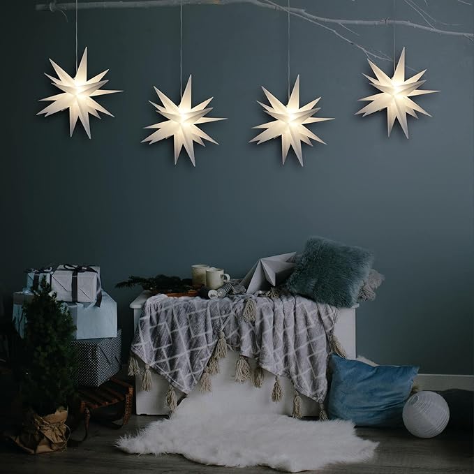 Leejec 9.4 Moravian Star Outdoor Light with Remote Control Christmas Decorations Indoor Hanging Warm White LED Light Battery Operated with Timer Function 4-Pack Tree Ceiling Balcony Décor