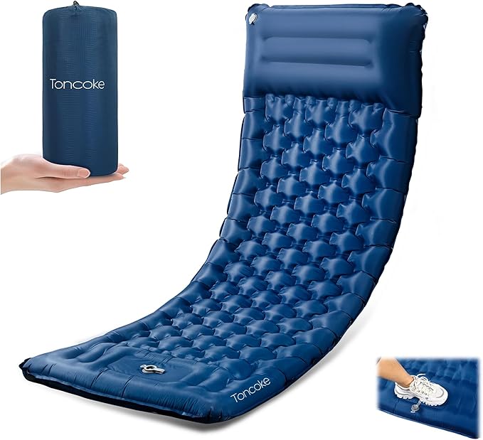 Sleeping Pad 4.7 Extra-Thick &amp Ultralight Inflatable Camping Mat with Pillow Built-in Foot Pump Compact for Backpacking Camping Hiking Travel — Navy Blue