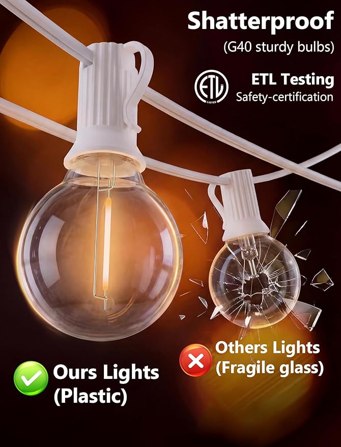 Goothy 50Ft Outdoor LED String Lights with 52 Shatterproof G40 LED Clear Globe Bulbs Edison Vintage Bulbs E12 Base Hanging Sockets Decorative Lighting for Café Patio Porch Party Yard Christmas-White