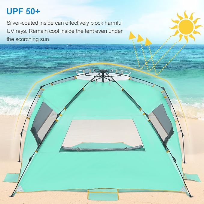 Wolfwise Instant Beach Tent Sun Shelter with Zippered Extendable Porch for Privacy Portable Beach Tents with Carrying Bag Easy Setup Pop up Beach Shade for 6-7 Person 110 x57x57 in Mint Green