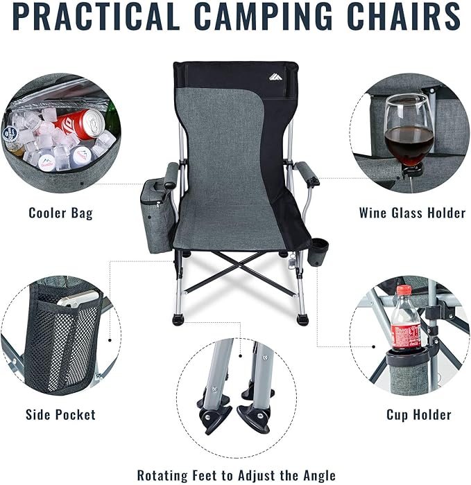 Ablazer 2 Pack Camping Chairs for Adults Portable Hunting Chair Supports 350lbs Oversized Heavy Duty Folding Chair for Camping Padded Seat Outdoor Lawn Folding Chair with Side Pockets