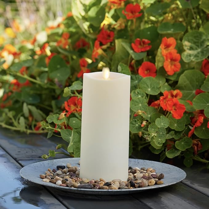 Luminara Outdoor Flameless LED Ivory Candle Melted Edge 3.75 x 9 Real Moving Flame Battery Operated Timer Plastic Weather-Resistant