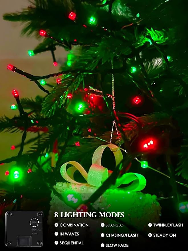 Red Green Solar Christmas Lights Outdoor Decorations Waterproof Tatal 4 Pack 400LED 132FT Solar String Lights Green Wire with 8 Modes Christmas Fairy Light for Xmas Tree Party Wedding Garden Decor