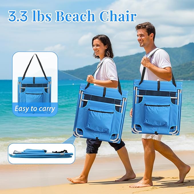 Portable Foldable Beach Lounger Lightweight Beach Mat Lounge Chair with Breathable Mesh Tote Cooler Pocket for Tanning Relaxing Compact &amp Ultimate Gear (Blue)