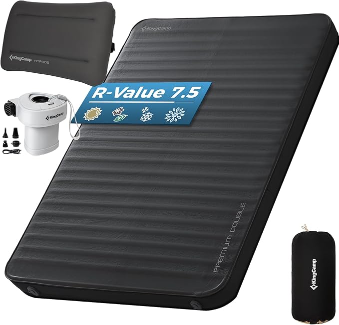 KingCamp Self Inflating Sleeping Pad for Camping 7.5 R-Value Double Camping Mattress Portable 4 Season Memory Foam Camping Mat with Pump &amp Pillow Comfort Travel Car Tent Cot Black