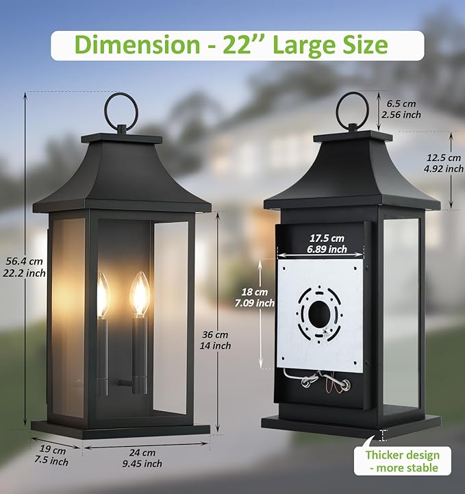 tewei 22'' Large Outdoor Wall Light Porch Light Outdoor Wall Sconce Lantern 2-Light Black Exterior Lighting Fixture Wall Mount Outside Light for House Garage 1-Pack