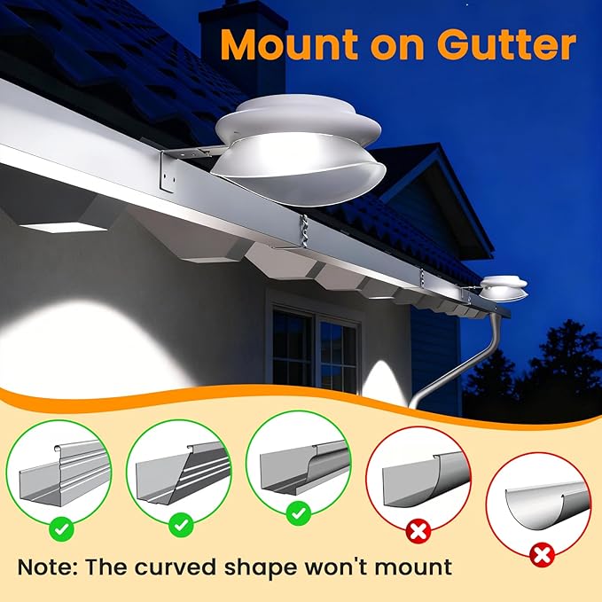 ROSHWEY Gutter Lights Solar Powered 6 Pack Solar Patio Decor Lights with 9 LED Waterproof Fence Light for Eaves Garage Garden Landscape Pathway (Cool White)